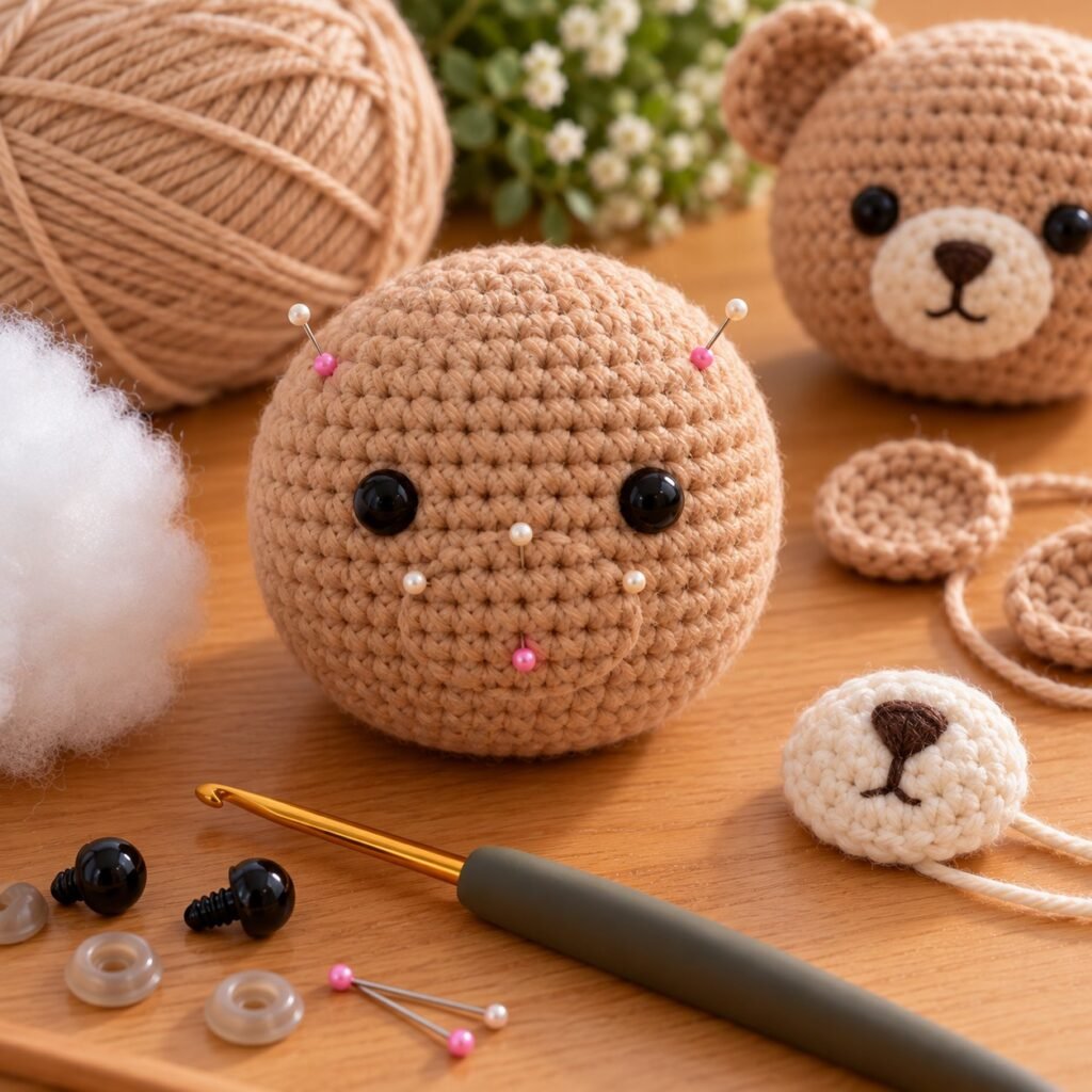 Pin the face before inserting the safety eyes – crochet teddy bear pattern