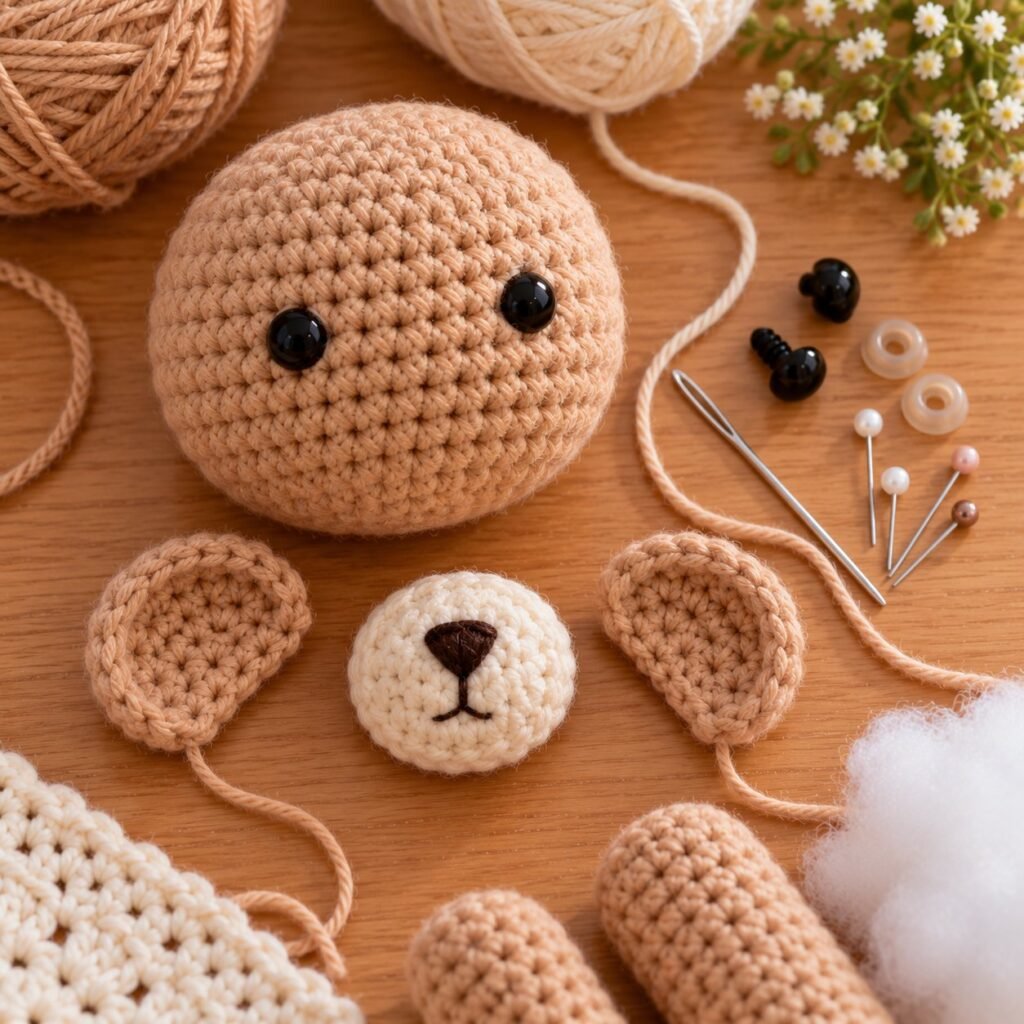 Head, muzzle and ears ready to sew – crochet teddy bear pattern