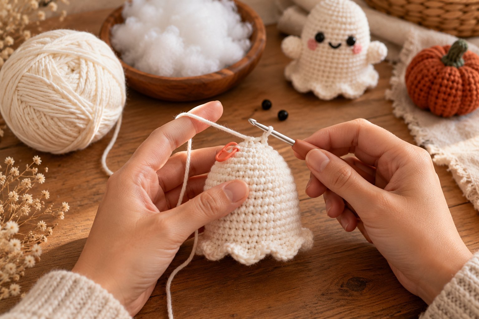 Crocheting an amigurumi ghost in continuous rounds with a stitch marker