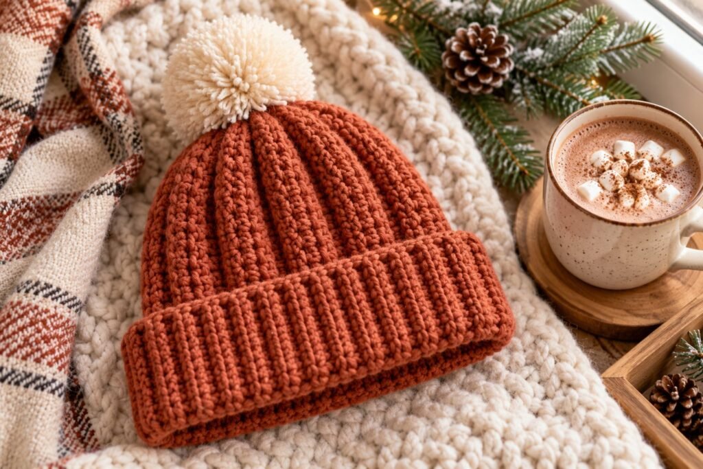 Easy crochet beanie pattern – terracotta ribbed crochet hat with folded brim and pom-pom