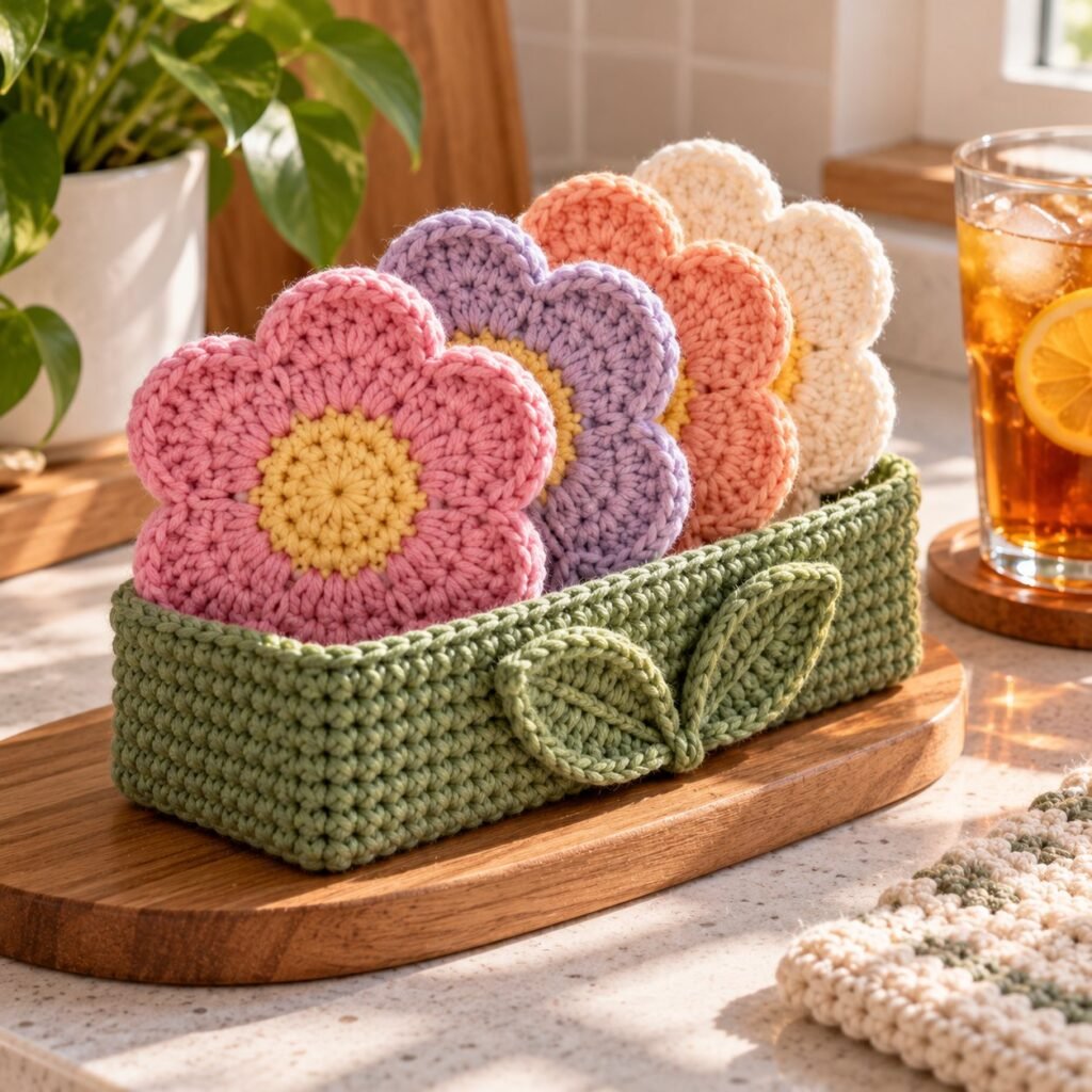Flower coaster set crochet pattern – six-petal flower coasters in a green crochet holder