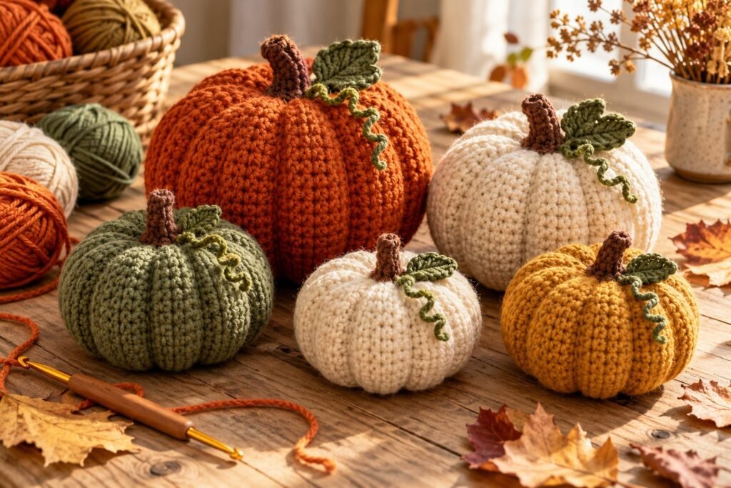 Free crochet pumpkin pattern – handmade ribbed crochet pumpkins in orange, cream, sage and mustard yarn