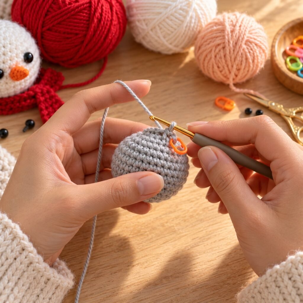 Step 1: crochet and stuff the round body – free crochet gnome pattern
