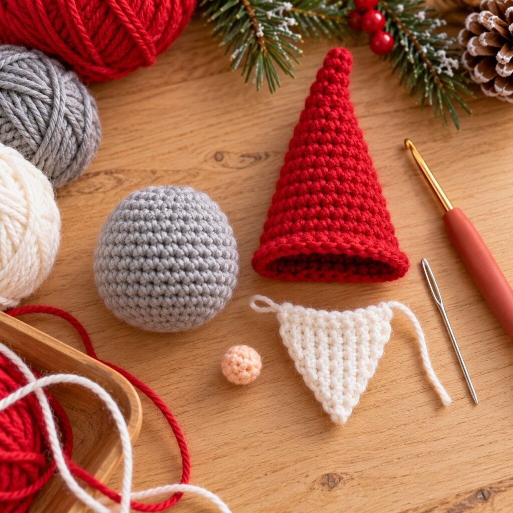 Step 2: all four pieces ready to assemble – free crochet gnome pattern