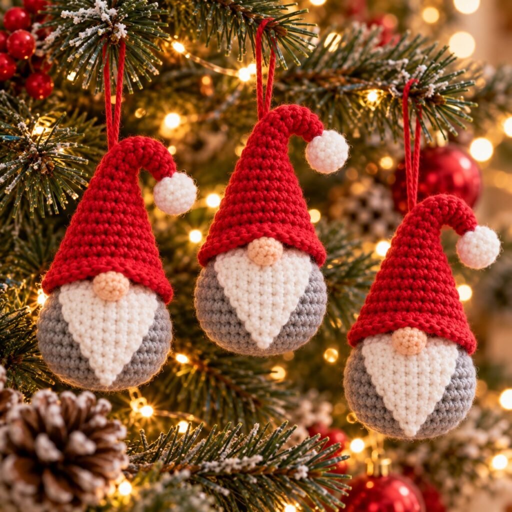 Step 3: your finished mini gnomes, ready for the tree – free crochet gnome pattern