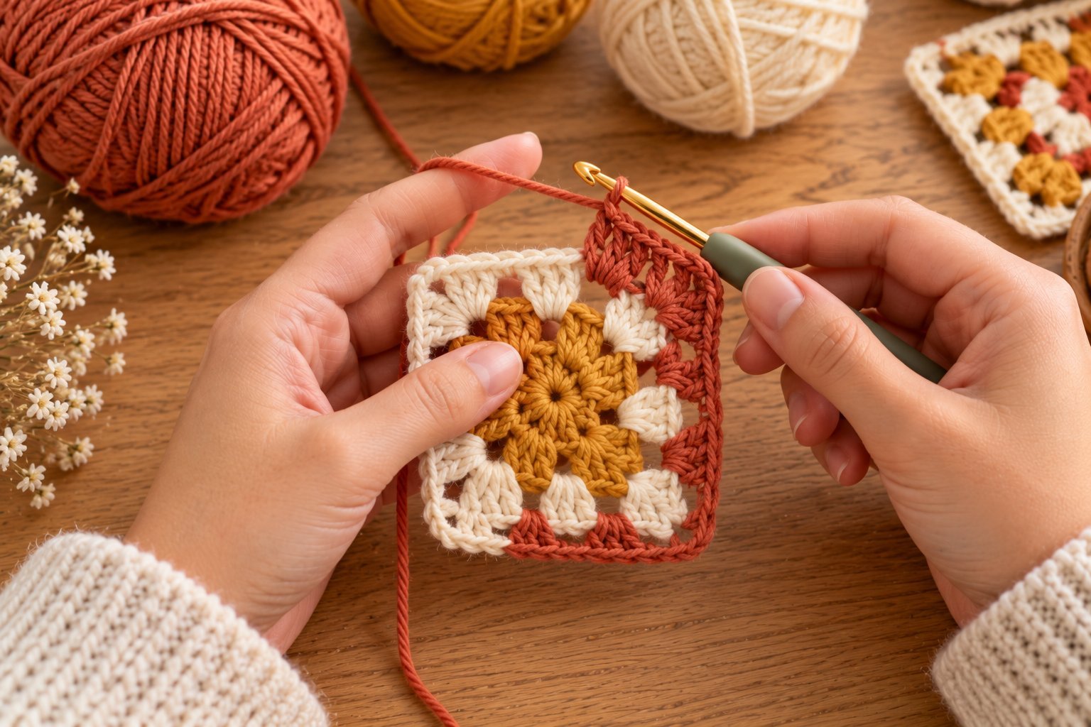 Crocheting a granny square round with 3 double crochet clusters and chain-2 corners
