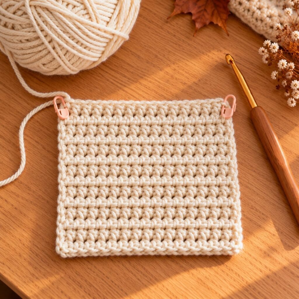 Half double crochet practice swatch with stitch markers on each edge