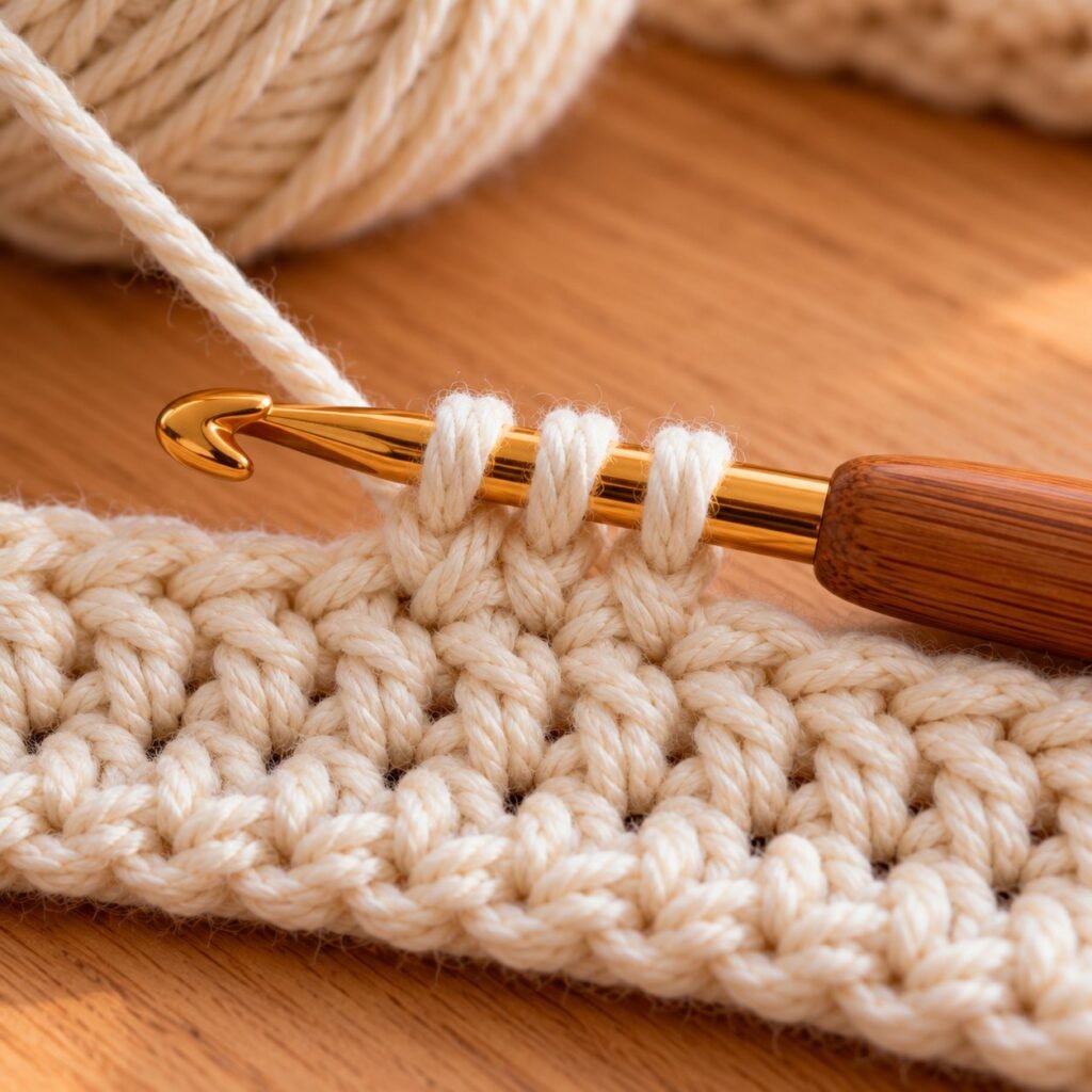 Three loops on the hook while making a half double crochet stitch