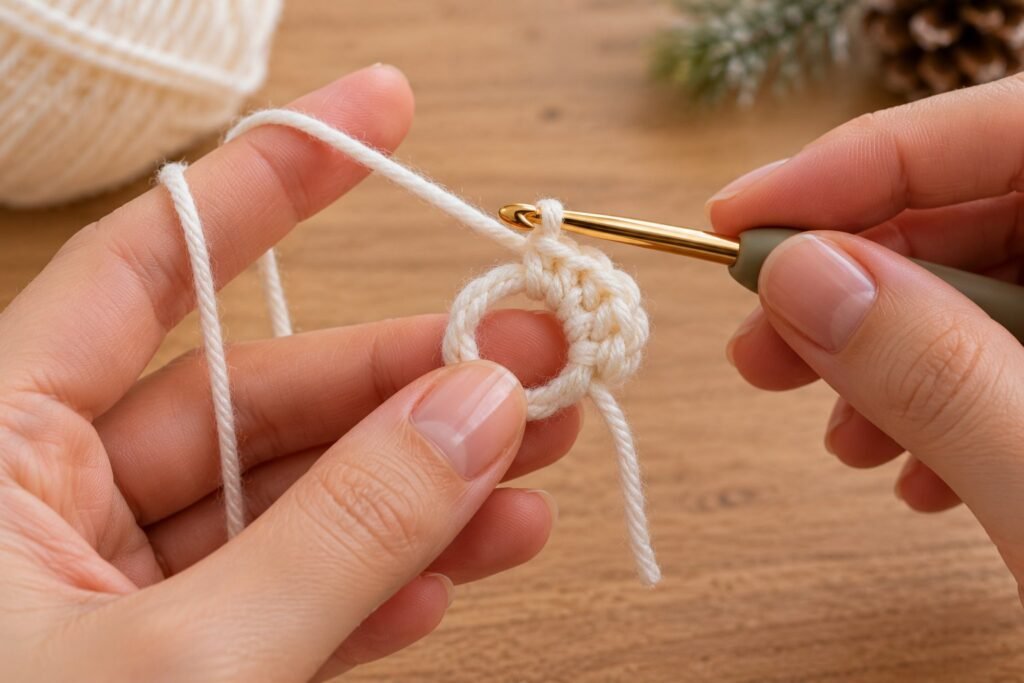 How to crochet a magic ring – hands working single crochet stitches into an adjustable yarn loop