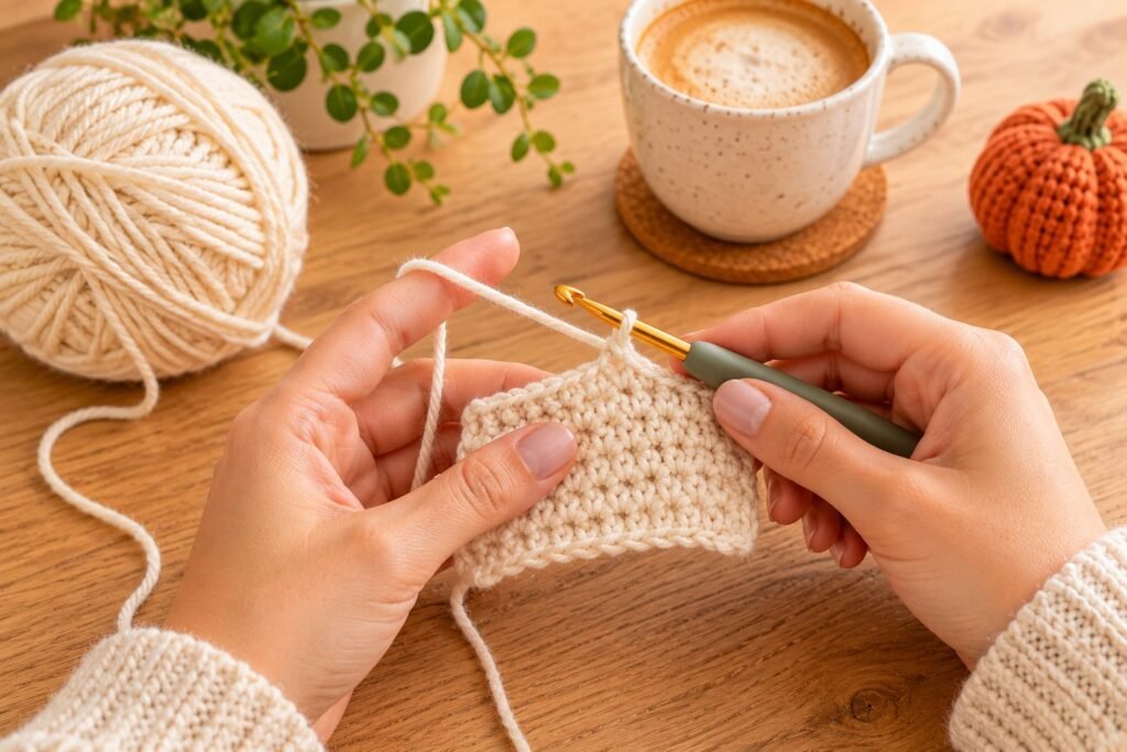 How to crochet for beginners – hands holding a crochet hook and cream yarn working single crochet