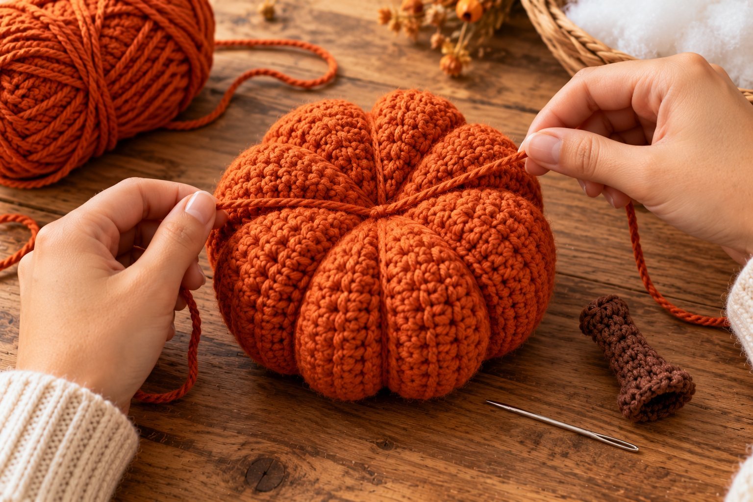 How to shape a crochet pumpkin by wrapping yarn around it to create segments