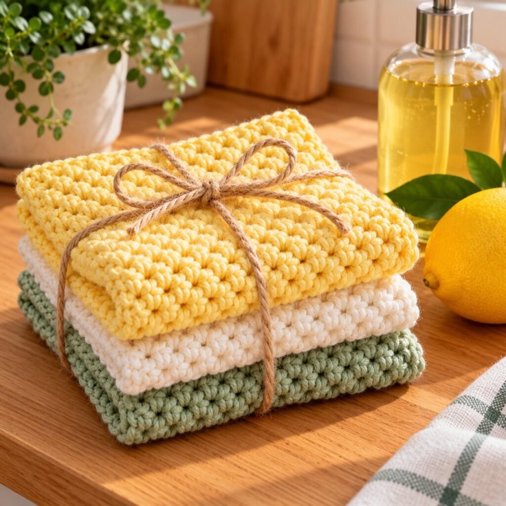 Three lemon peel stitch crochet dishcloths tied with twine as a gift