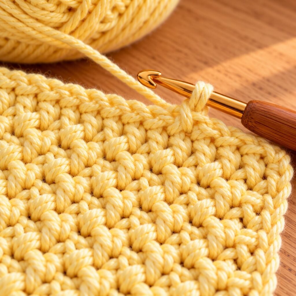 Close-up of the bumpy lemon peel crochet stitch texture