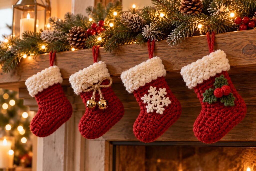 Mini crochet Christmas stockings in red with white cuffs hanging on a mantel