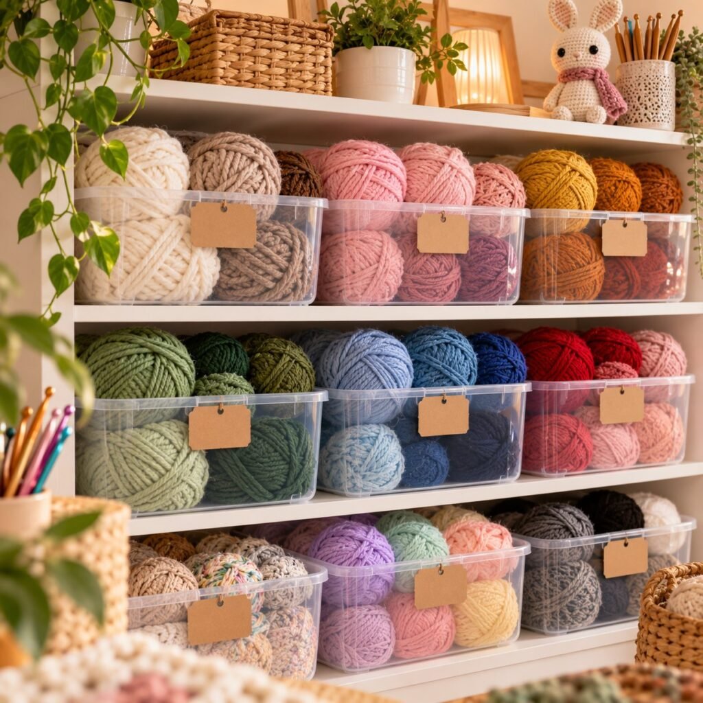 Clear bins sorted by weight make your stash easy to see β organize crochet projects