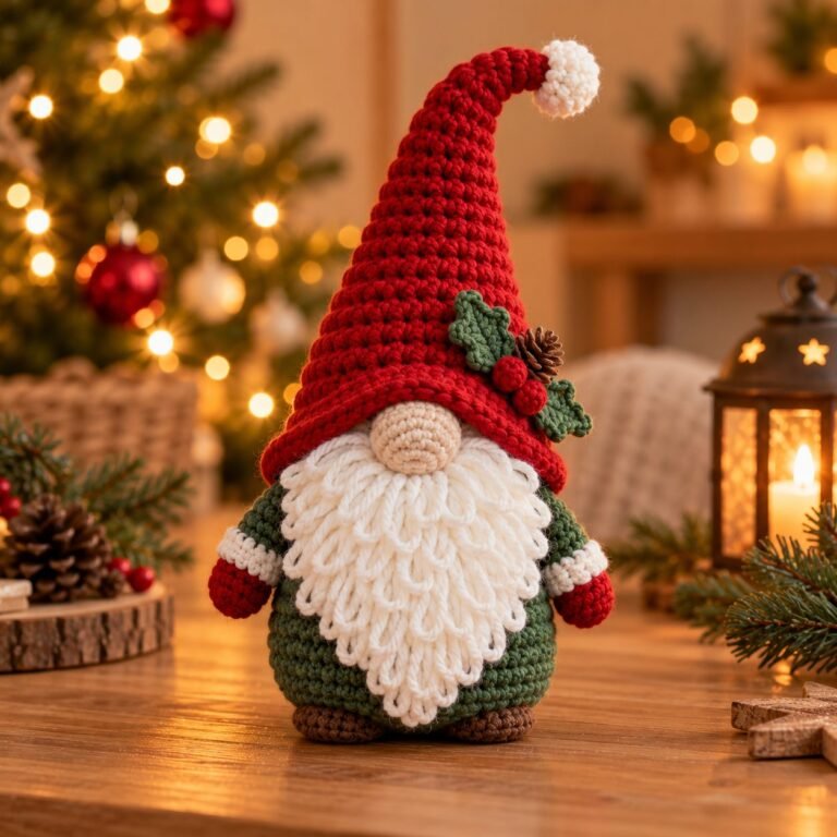 Finished crochet standing Christmas gnome with red hat and loop stitch beard
